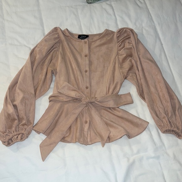 Lionel Faux Suede Balloon Sleeve Peplum Blouse - Picture 3 of 5